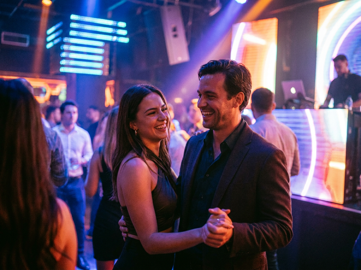 A man dancing with a beautiful dance host in a nightclub