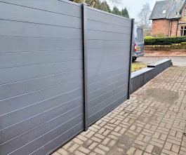 Grey composite fence panels with block wall by Woodgate Joinery Glasgow
