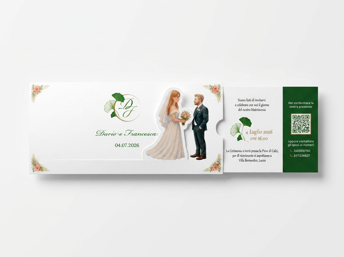 Biglietto invito matrimonio estraibile con sagomatura