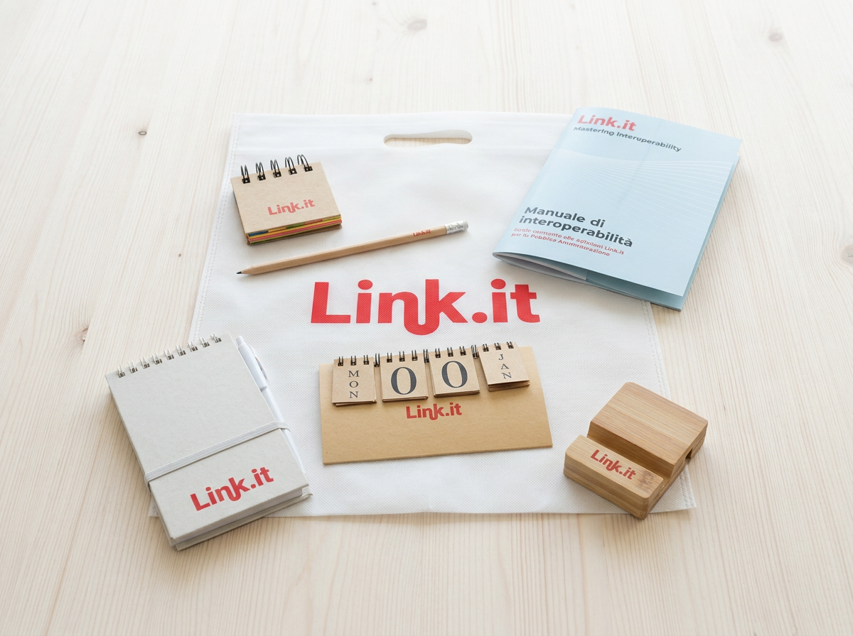 Kit aziendale con oggettistica sostenibile, riciclata e facilmente riciclabile per conto di Link.it