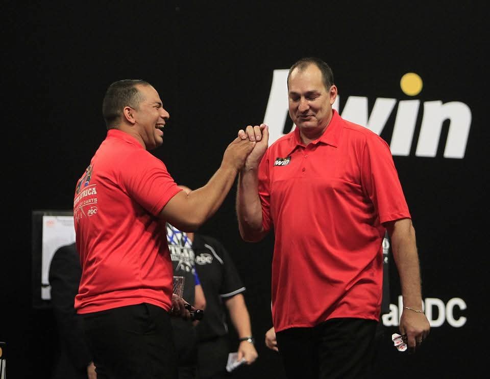 Graham Filby and Devon Petersen celebrating on PDC stage