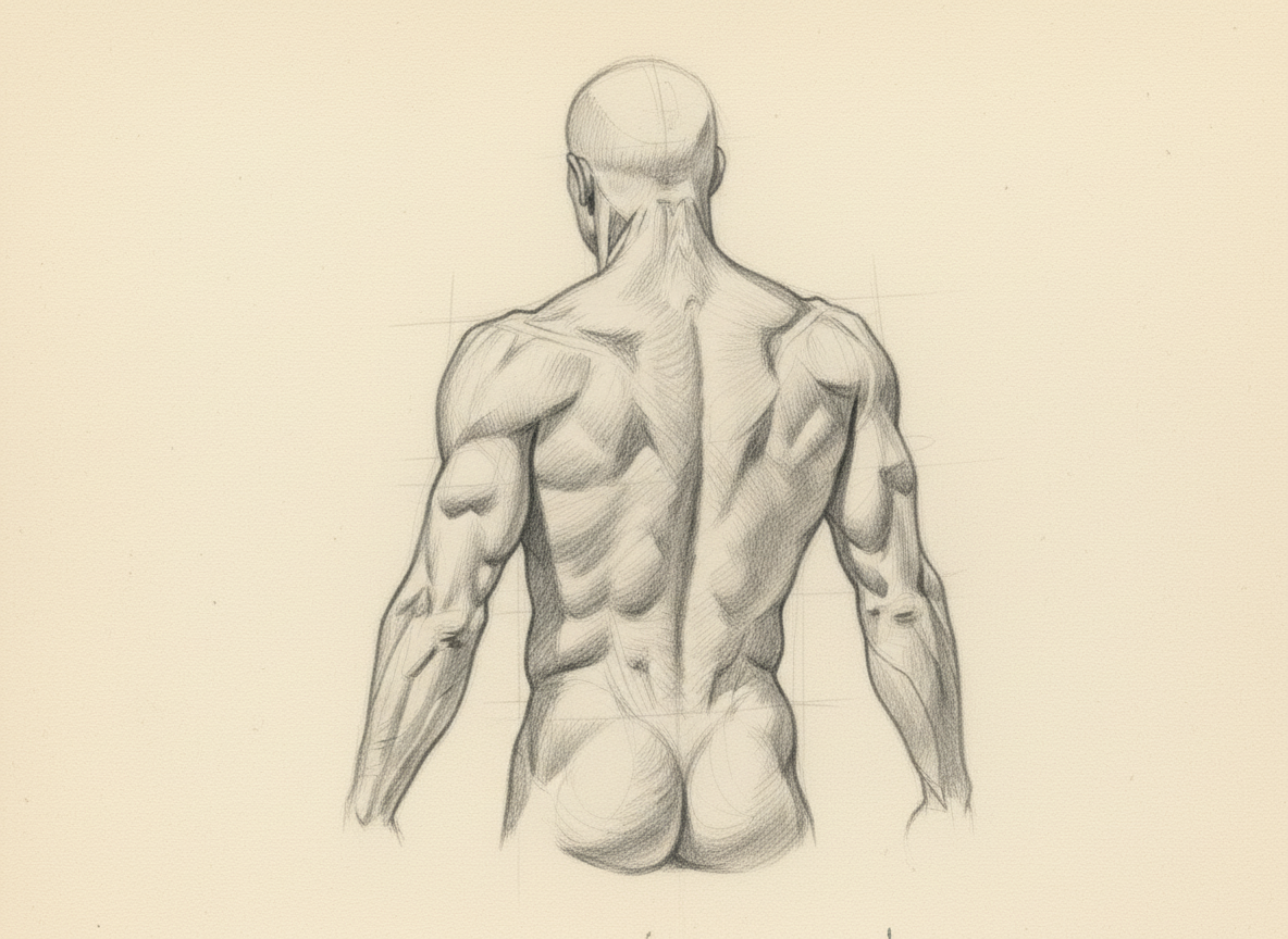 Detailed graphite pencil study of male back muscles — latissimus dorsi, trapezius, and erector spinae with visible pencil strokes following muscle fibre direction by Maximus B.
