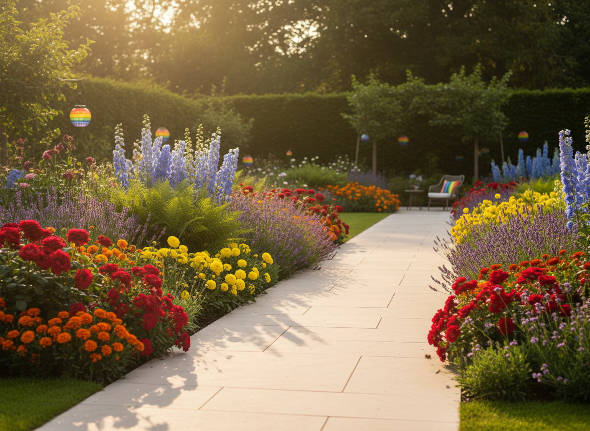 Pride 2026 garden celebration — elegant rainbow flower borders, golden hour lighting, premium South East London garden design by Wicked Gardens LTD