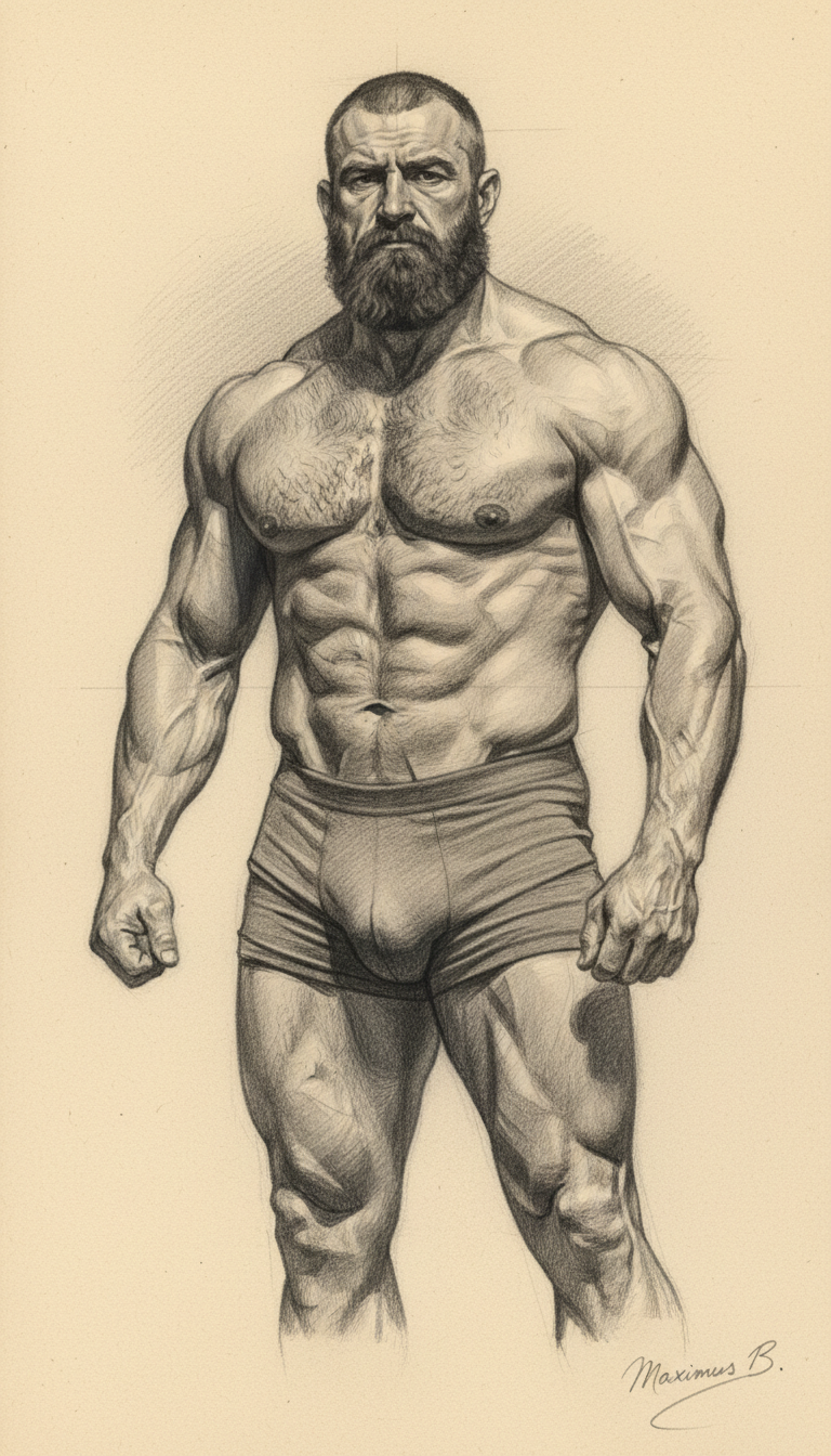Bold powerful stocky male figure standing in wide confident stance — thick full dark beard, buzzed hair, broad heavy chest, classical graphite pencil figure study by Maximus B.