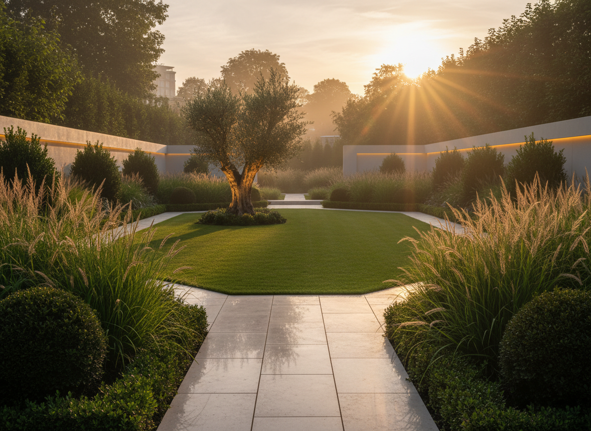 Luxury garden at golden dusk — premium garden design and landscaping transformation by Wicked Gardens LTD Greenwich Blackheath Lewisham