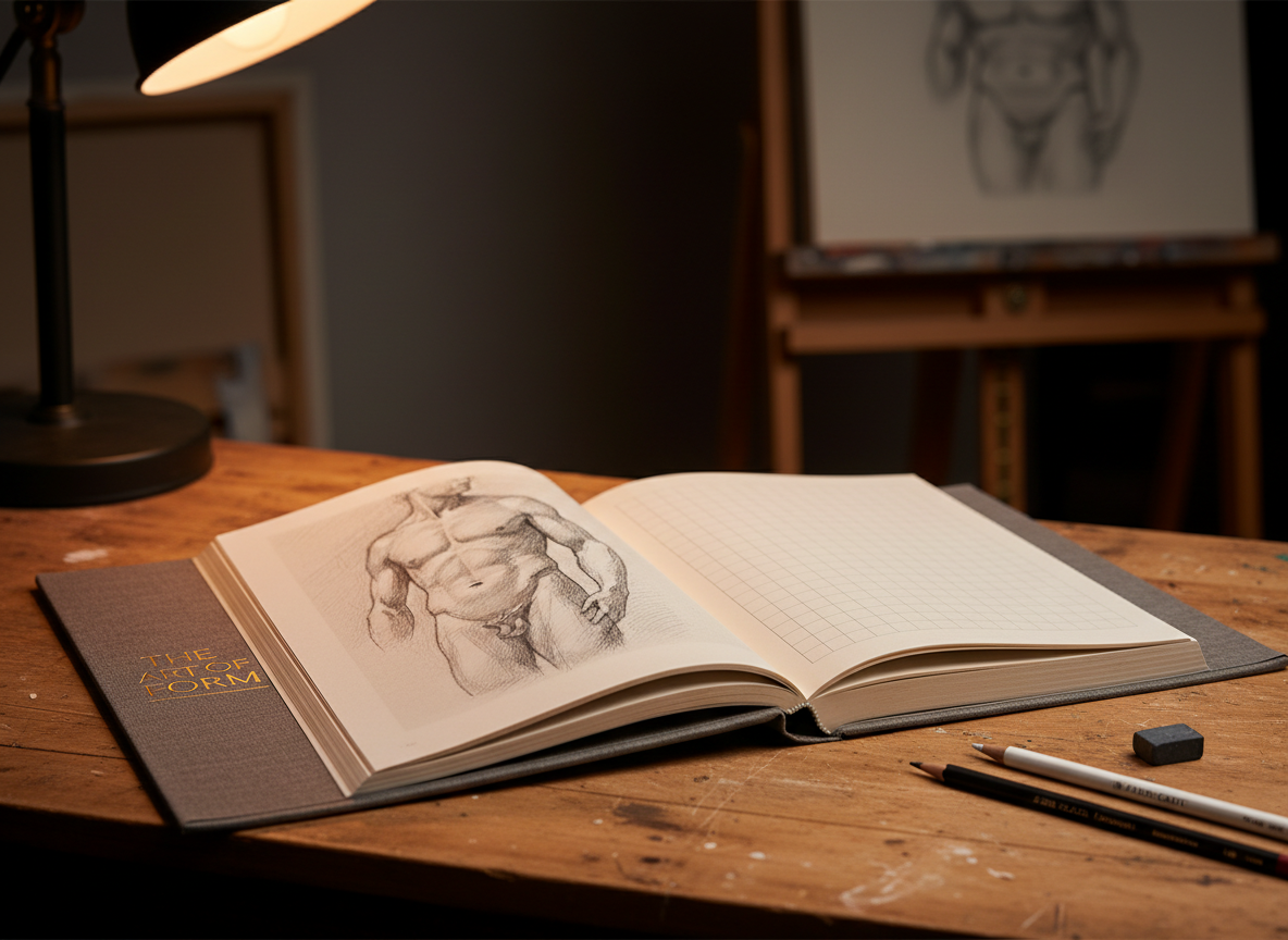 Premium editorial photograph of Mastering the Male Figure open course book on warm wooden studio table — showing graphite figure drawing pages and pencils, professional educational art product by Maximus B.