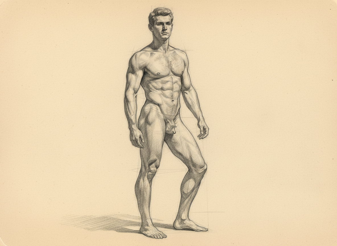 Male figure in dynamic contrapposto pose with visible gesture lines beneath finished graphite rendering — demonstrating correct gesture and structure relationship by Maximus B.