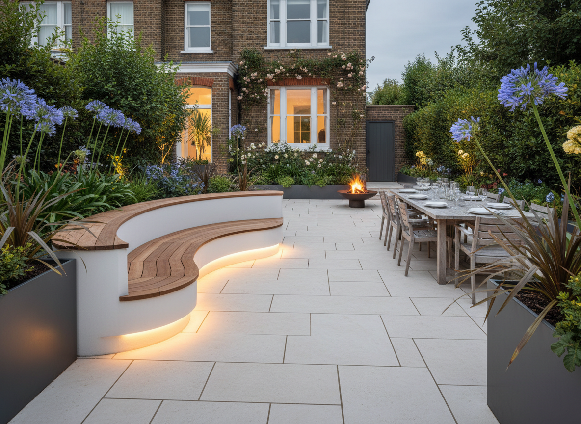 Bespoke luxury patio installation in Blackheath SE3 — rendered seating wall with iroko hardwood cap, ivory porcelain paving, powder-coated steel raised planters and recessed LED step lighting by Wicked Gardens LTD