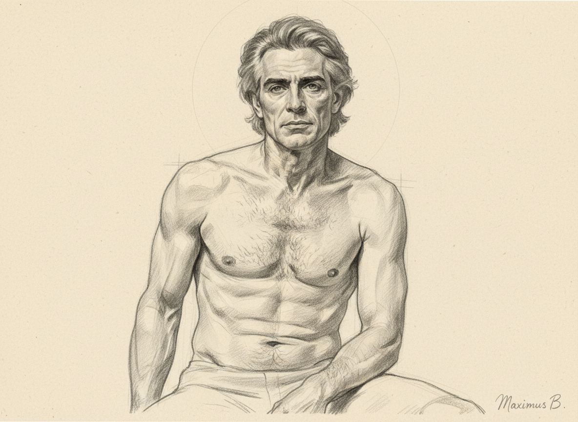 Supporting visual study B: natural chest hair graphite figure drawing by Maximus B.