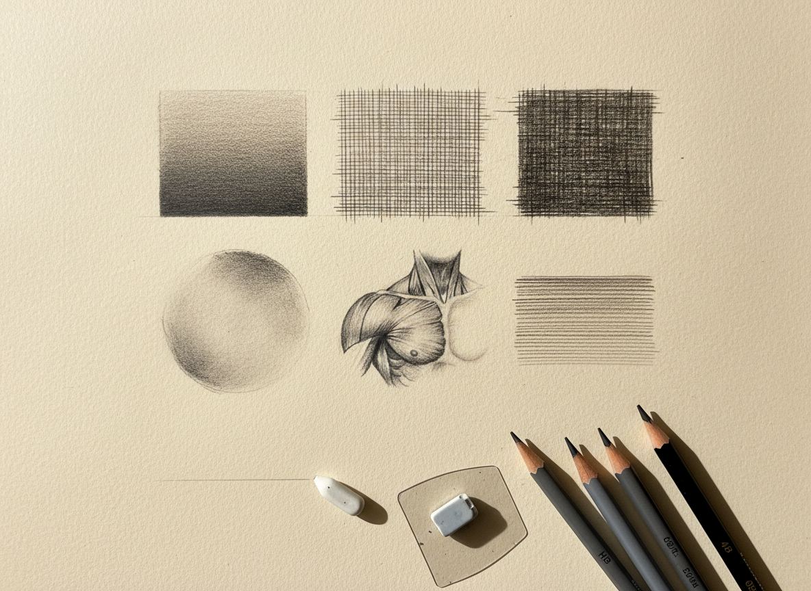 Close-up study of graphite pencil techniques on warm cream paper — smooth tonal gradation, cross-hatching, blending stump work, and pencil pressure variation samples with graphite pencils by Maximus B.