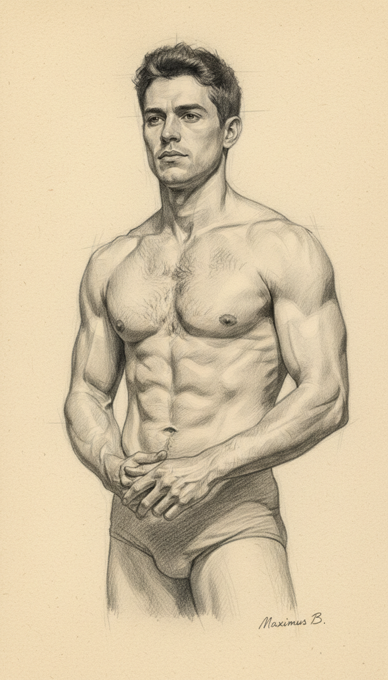 Complete male figure drawing in classical graphite atelier style showing full body anatomy, proportions, and rendering technique by Maximus B.