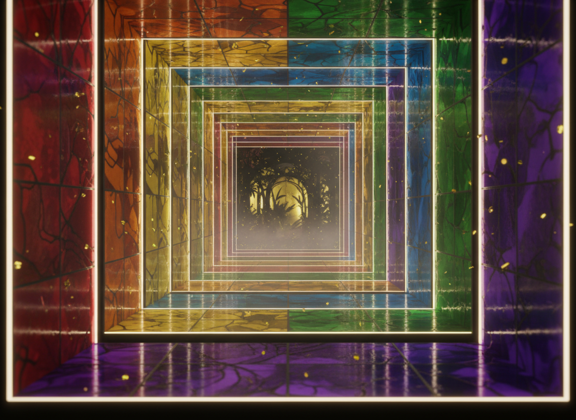 Deep 3D Pride celebration — translucent crystal layers with extreme depth, volumetric lighting, premium garden design by Wicked Gardens LTD