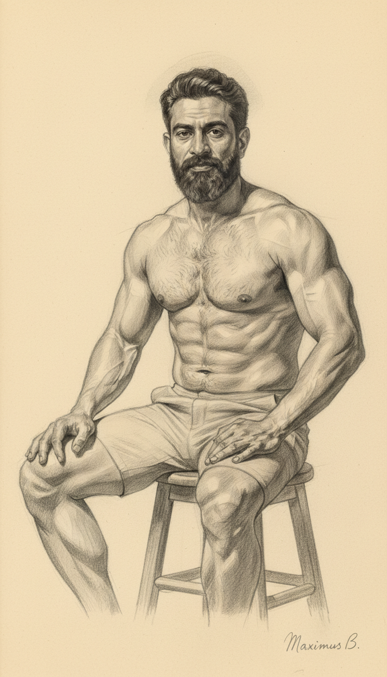 Seated mature bearded male figure on wooden stool — Mediterranean heritage, full dark beard, curly hair, broad muscular chest with natural chest hair, classical graphite pencil figure study on warm cream paper by Maximus B. | Male figure drawing | Graphite pencil art UK