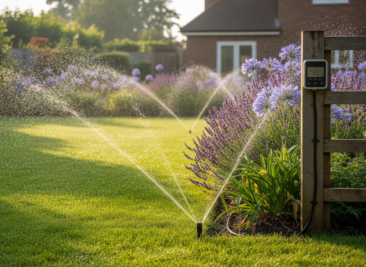 Smart irrigation system installation in Eltham SE9 — pop-up sprinklers watering lush lawn, drip irrigation in planted borders, weather-responsive smart controller for large family garden by Wicked Gardens LTD