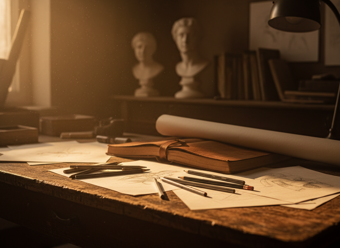 Classical drawing studio workspace with graphite pencils and warm amber lighting — Maximus B. studio atmosphere