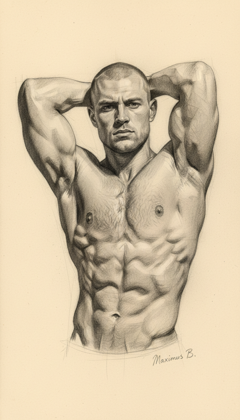 Standing male figure with arm raised — deltoid and lat stretch study by Maximus B.