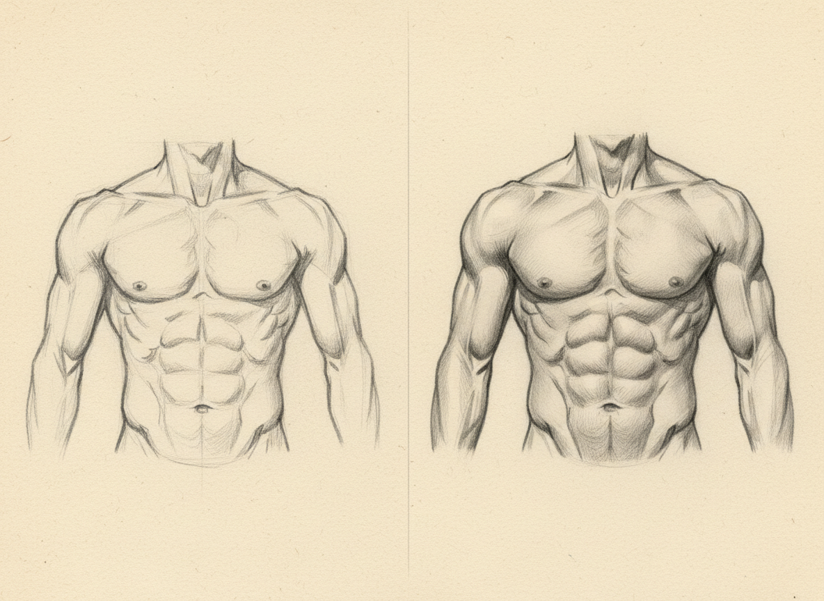 Split composition showing figure drawing before and after correction — rough sketch with common mistakes versus refined graphite rendering with proper anatomy on warm cream paper by Maximus B.