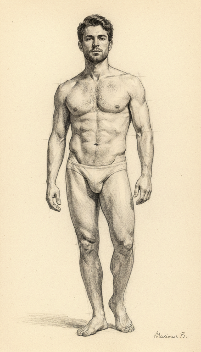 Classical graphite figure drawing study of male abdominal structure — natural working-man build showing obliques and linea alba by Maximus B.