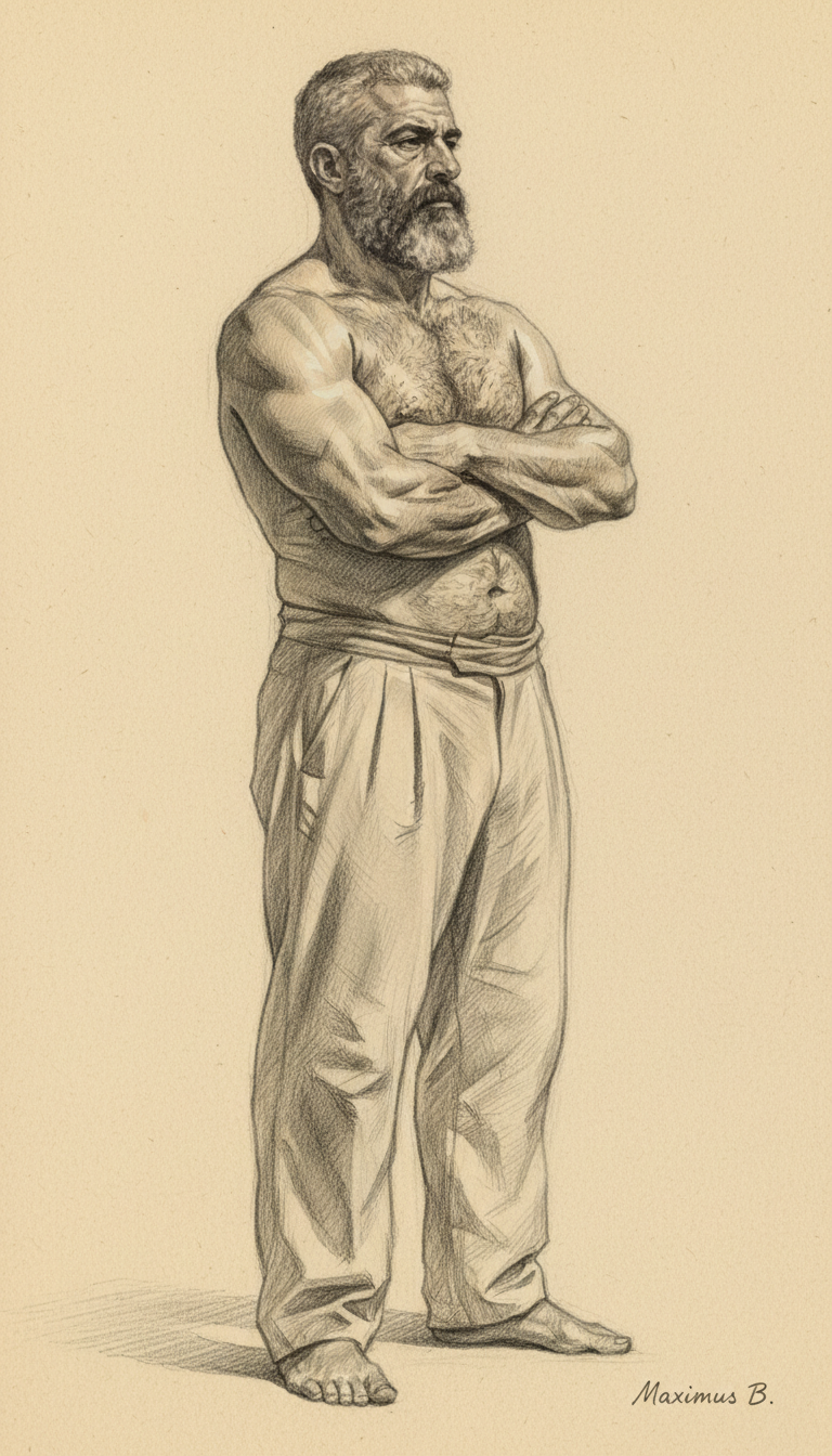 Standing male figure with arms crossed — graphite pencil study by Maximus B.