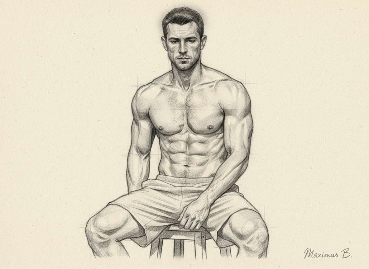 Supporting visual study B: obliques and torso rhythm  seated torso rotation graphite figure drawing emphasising obliques by Maximus B.