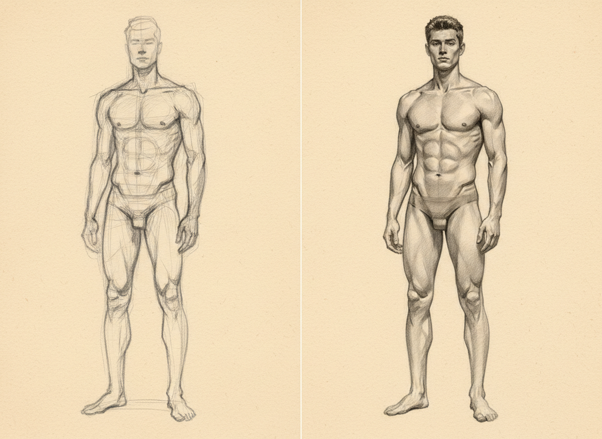 Split composition on warm cream paper — left side shows loose gestural figure sketch representing life drawing, right side shows refined detailed rendering representing reference-based study by Maximus B.
