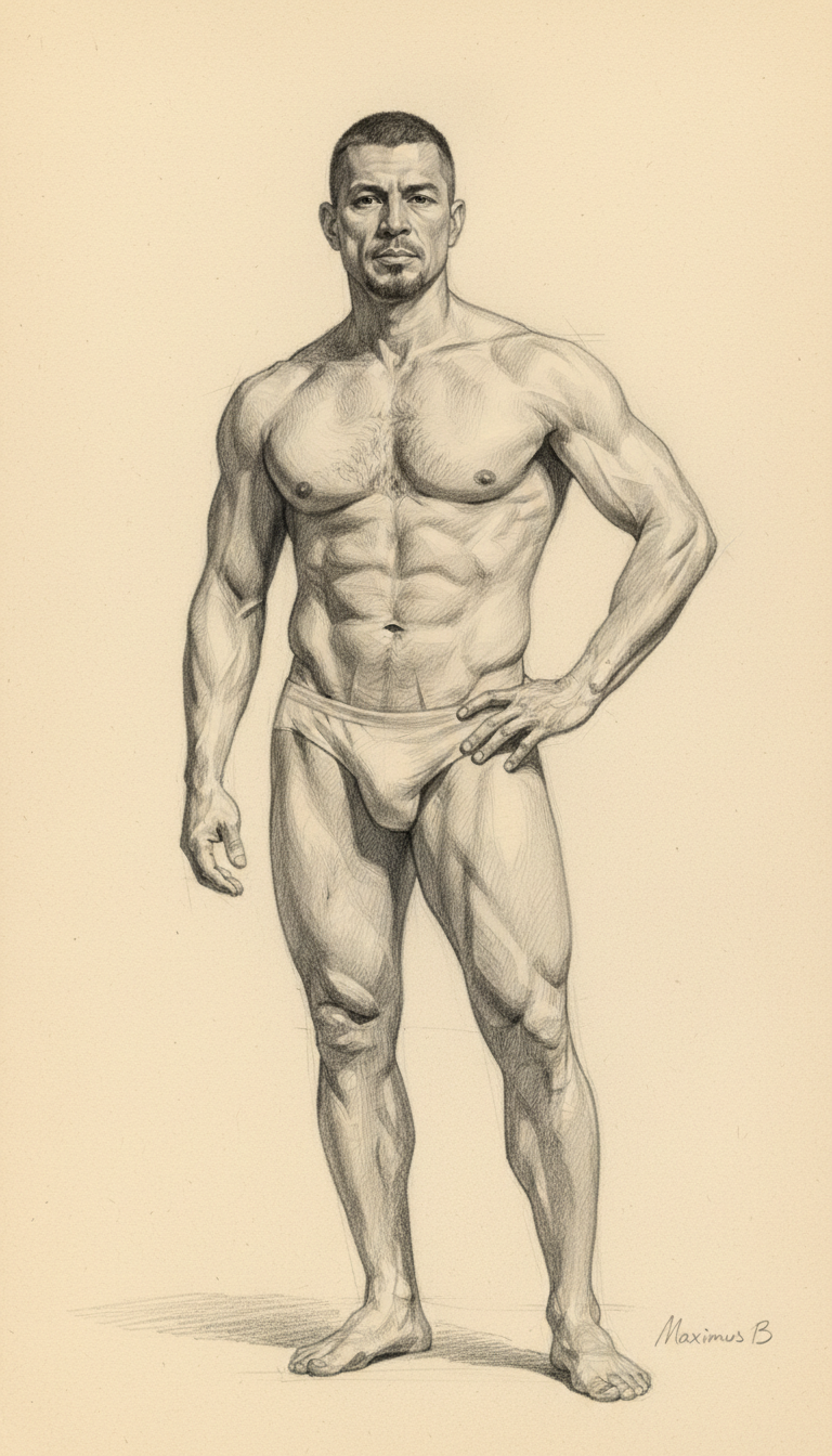 Standing mature Latino male figure with hand on hip — relaxed weight-bearing pose, classical graphite pencil study by Maximus B.