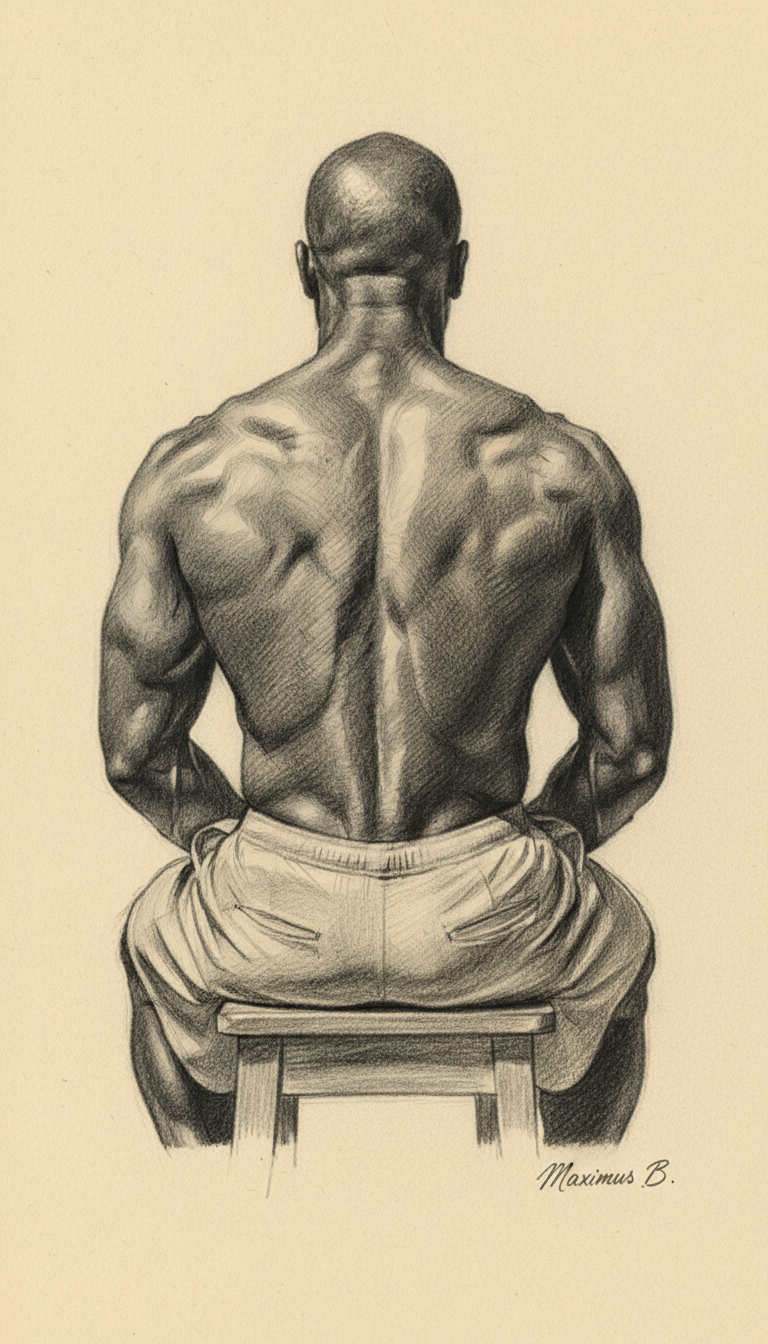 Seated male figure from behind showing back muscles — graphite pencil study by Maximus B.