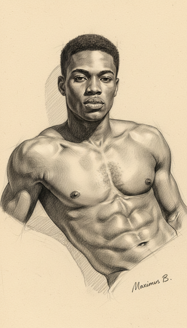 Reclining male figure on one elbow with dramatic side lighting — young Black model, graphite pencil figure study by Maximus B. | Atelier drawing | Male figure art UK
