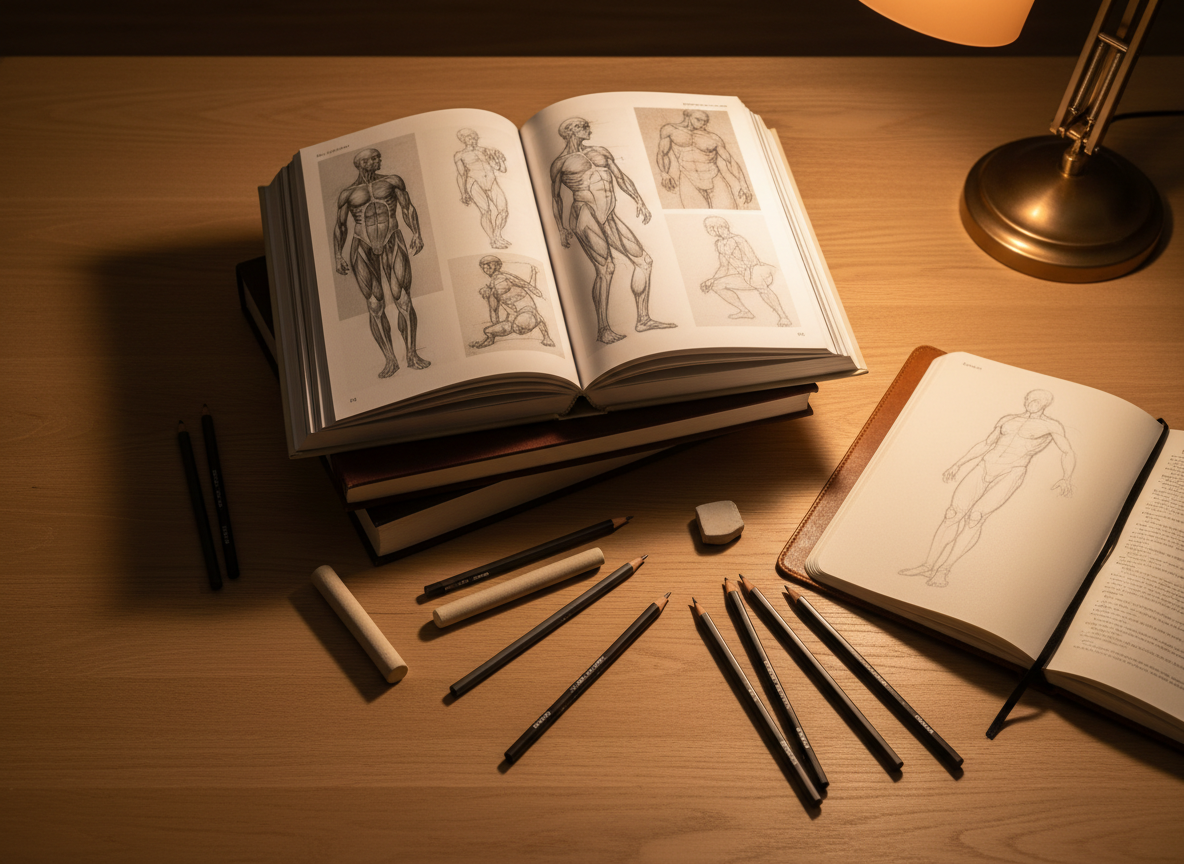 Overhead editorial photograph of curated art books, sketchbook with graphite figure sketch, pencils, and kneaded eraser on warm wooden desk with amber desk lamp lighting by Maximus B.