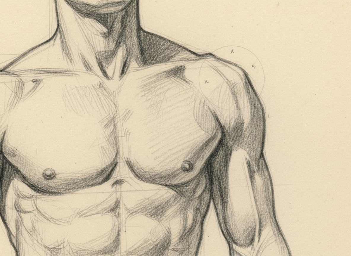 Detailed graphite pencil study of male shoulder anatomy — deltoid, trapezius, and bicep muscle groups with construction lines and anatomical landmarks by Maximus B.