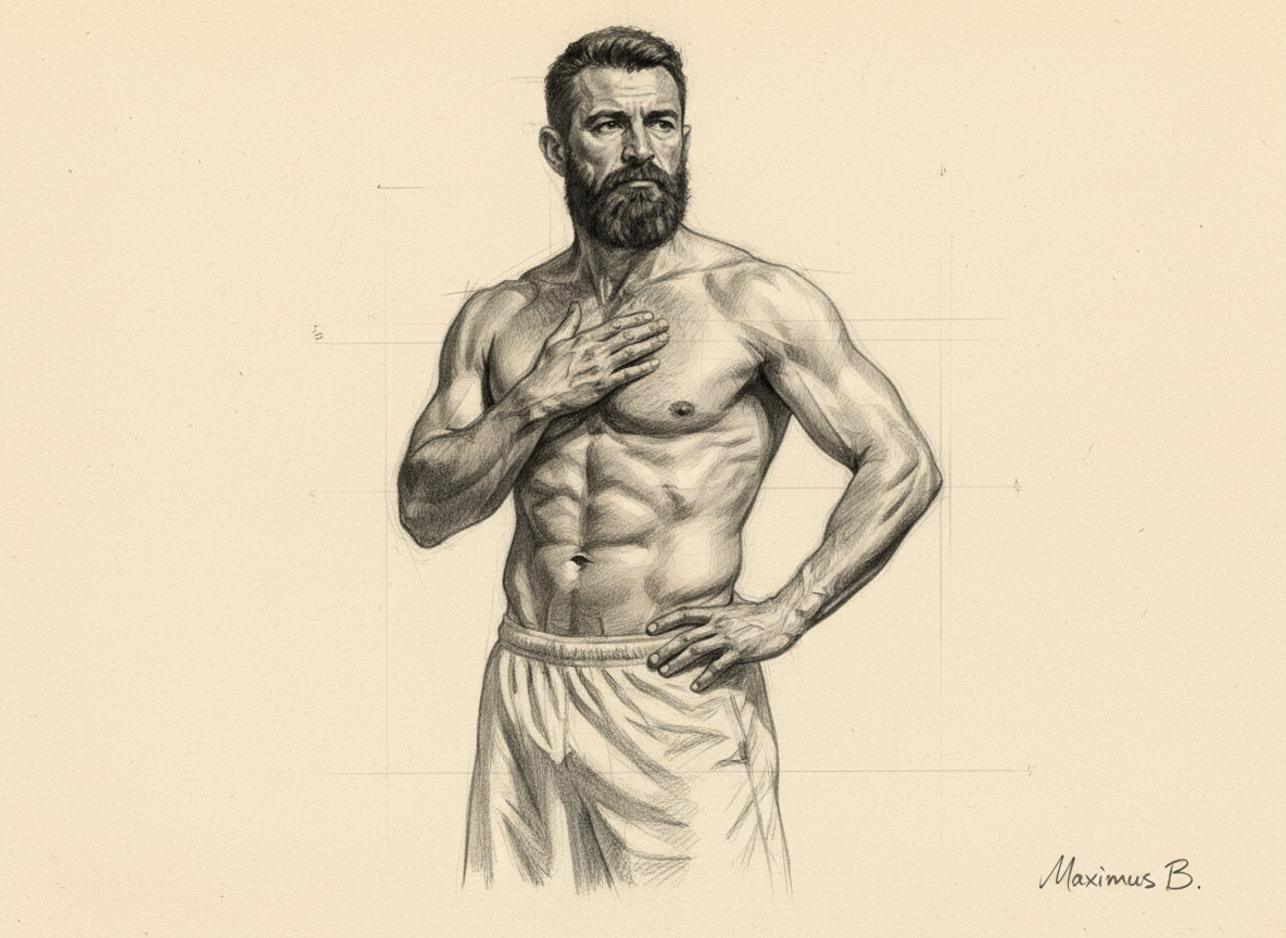 Supporting visual study A: chest anatomy in graphite figure drawing  full-body contrapposto study by Maximus B.