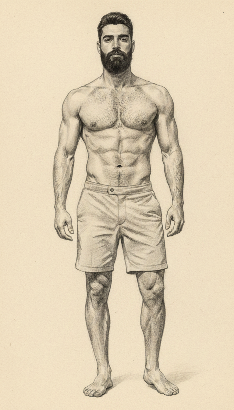 Standing male figure in shorts with full beard — front-facing classical graphite pencil figure study by Maximus B. | Male figure drawing | Pencil drawing artist