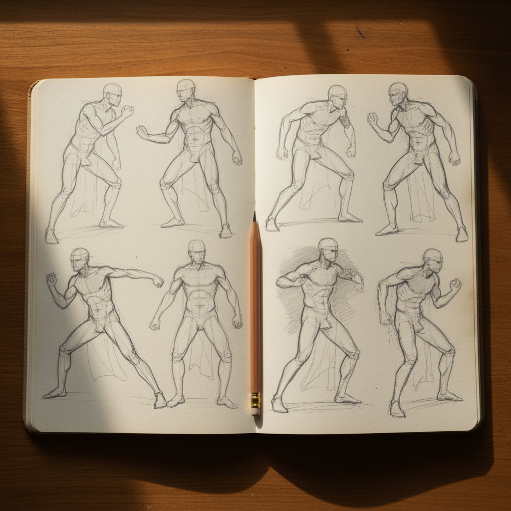 Open sketchbook showing multiple quick graphite gesture sketches of male figures — loose energetic pencil marks, construction lines, varying levels of completion, worn cream pages with visible paper grain by Maximus B.