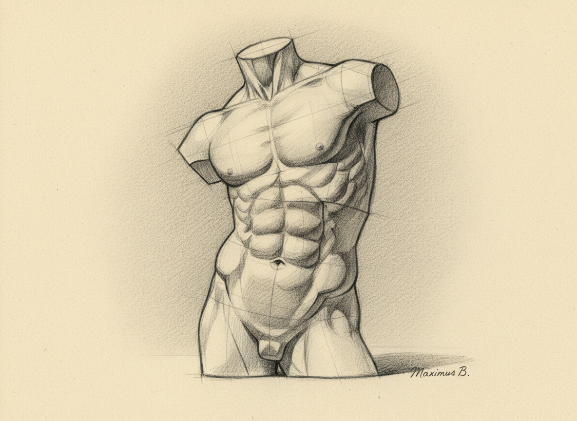 Torso twist and rotation study A — classical atelier graphite figure drawing with visible construction lines by Maximus B.