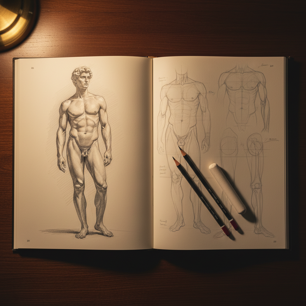 Top-down view of open professional drawing course book on dark wooden desk — left page shows refined classical graphite male figure study, right page shows anatomical construction notes with pencils and blending stump by Maximus B.
