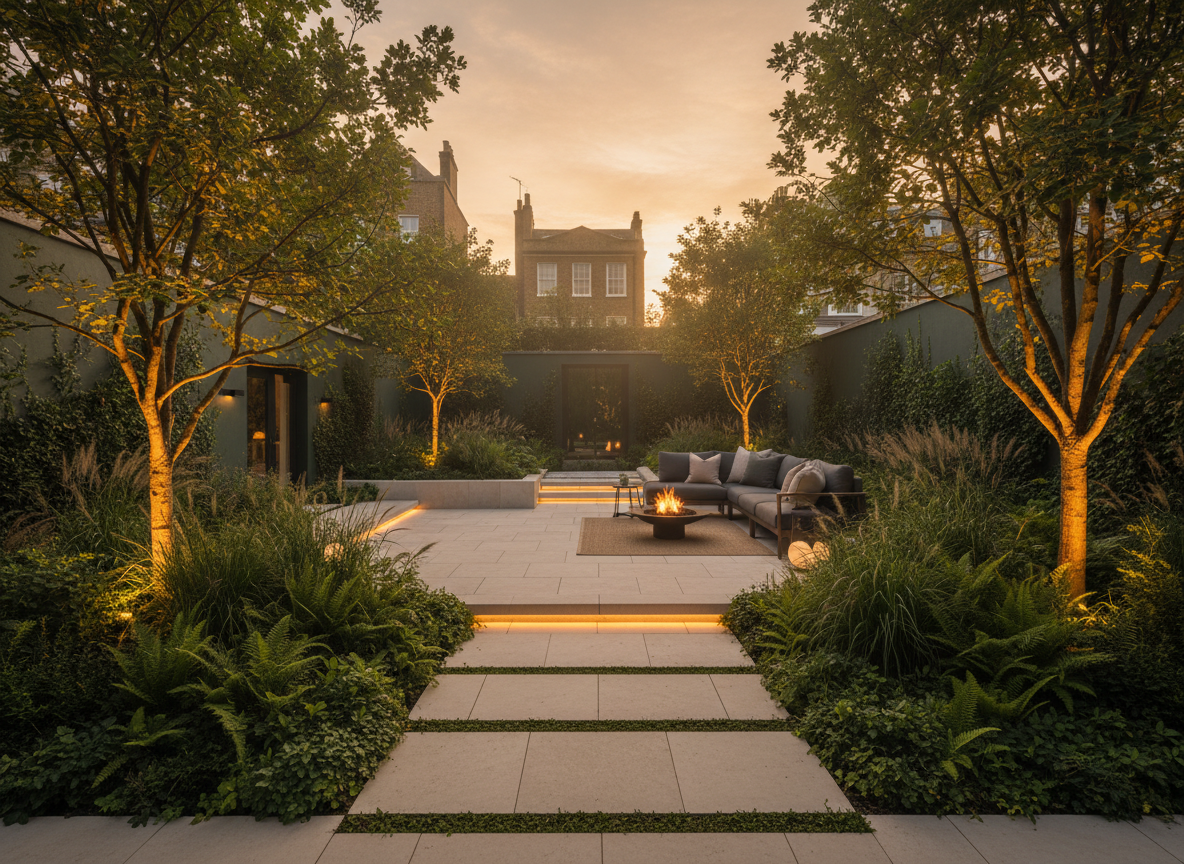 Finished garden project in Greenwich — porcelain paving and composite decking by Wicked Gardens LTD