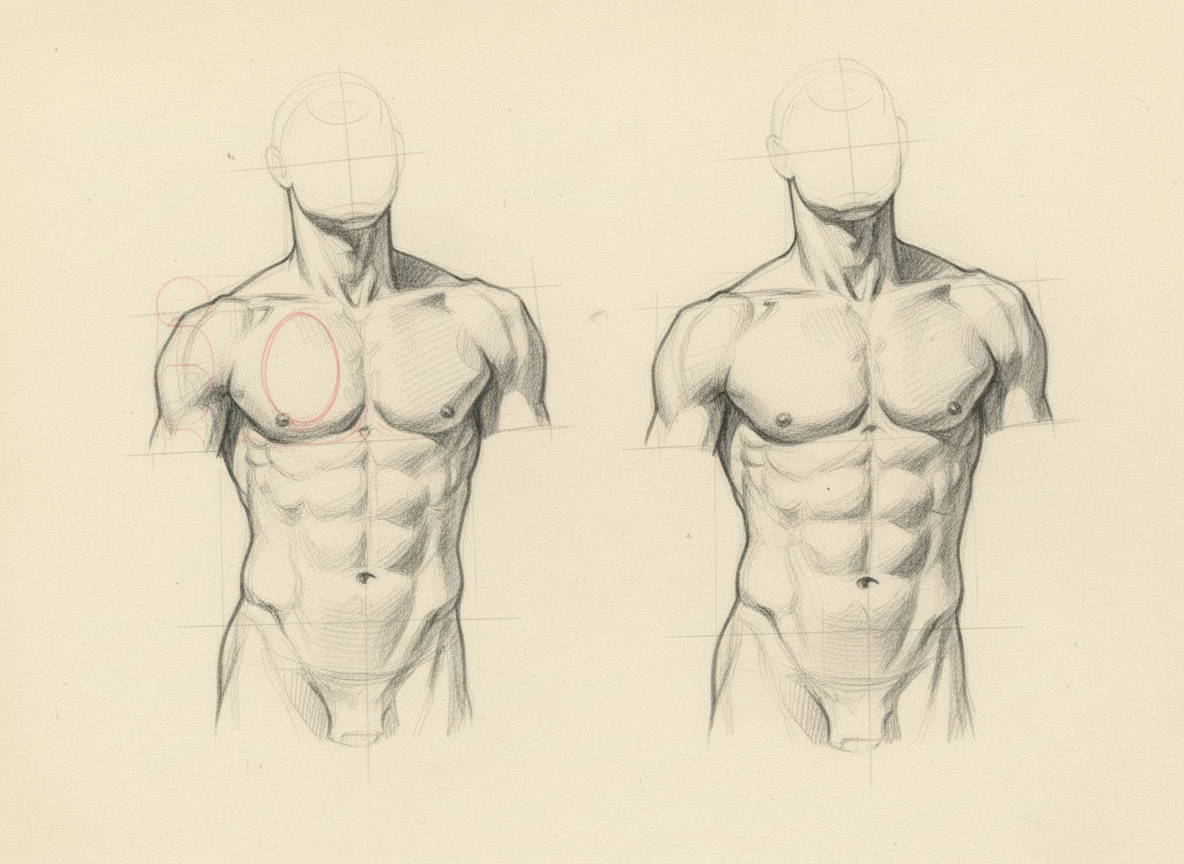 Male torso anatomy study in graphite pencil — side-by-side comparison showing construction guidelines with red anatomical landmarks and finished clean rendering by Maximus B.