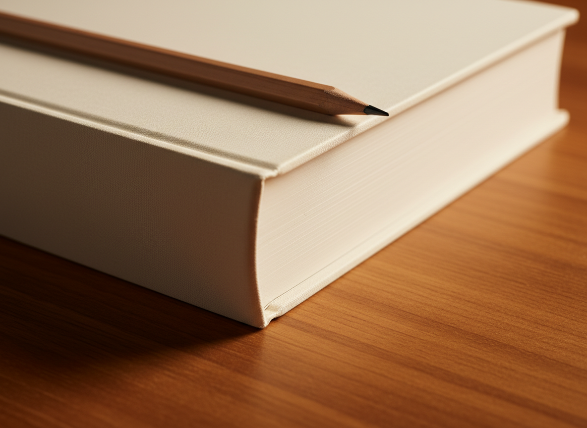 Close-up editorial photograph of premium art book spine and cover edge on warm wooden surface — thick hardcover with elegant matte cream cover and graphite pencil, Taschen-quality art publication feel by Maximus B.