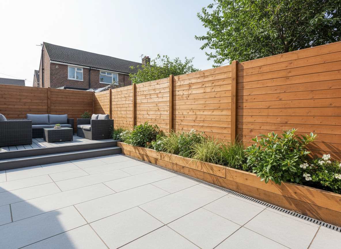 Complete garden renovation in Lewisham SE13 — new porcelain paving dining area, raised composite decking, cedar close-board fencing and curated low-maintenance planting scheme by Wicked Gardens LTD