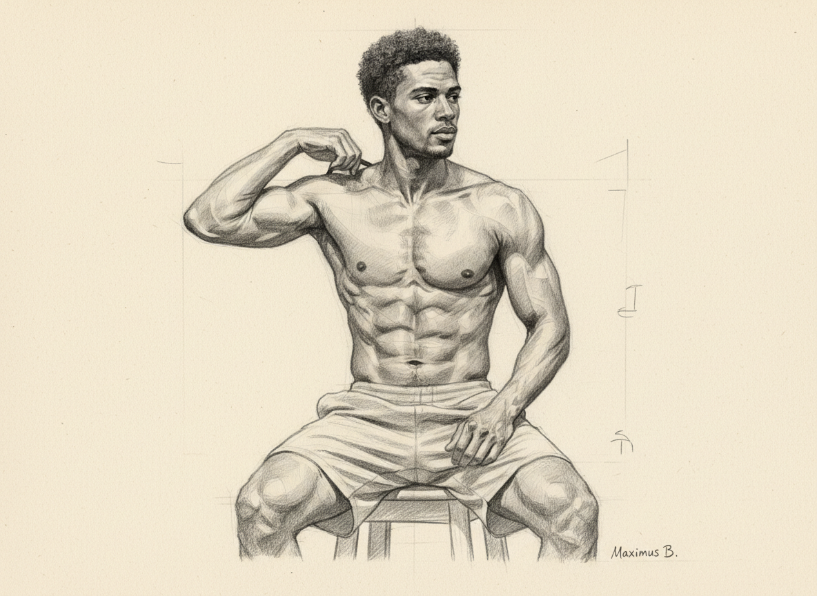 Supporting visual study B: chest anatomy in graphite figure drawing  seated full-body study by Maximus B.
