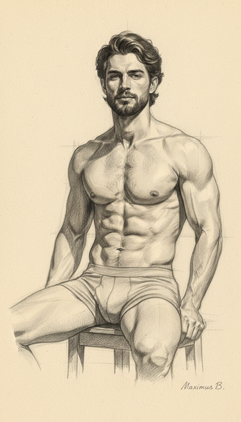 Seated male figure graphite drawing showing core shadow and reflected light on torso by Maximus B.