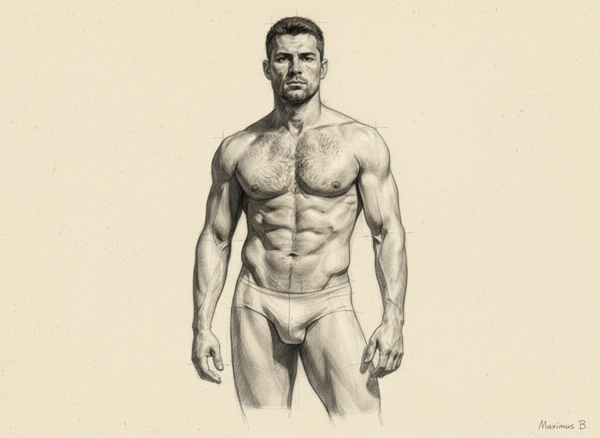 Supporting visual study A: pelvis and weight in figure drawing  full-body graphite contrapposto study by Maximus B.