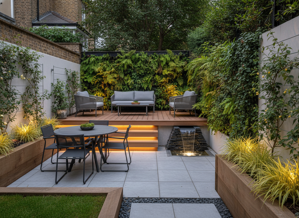 Small garden transformation in Brockley SE4 — compact space with raised composite decking, sunken porcelain paved dining area, vertical planting wall, water feature and warm LED lighting by Wicked Gardens LTD
