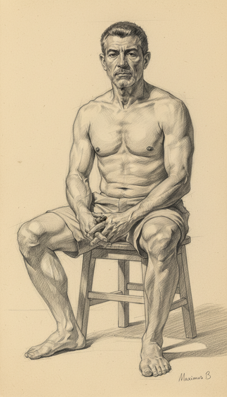 Seated Latino Mediterranean male figure on stool — graphite pencil study by Maximus B.