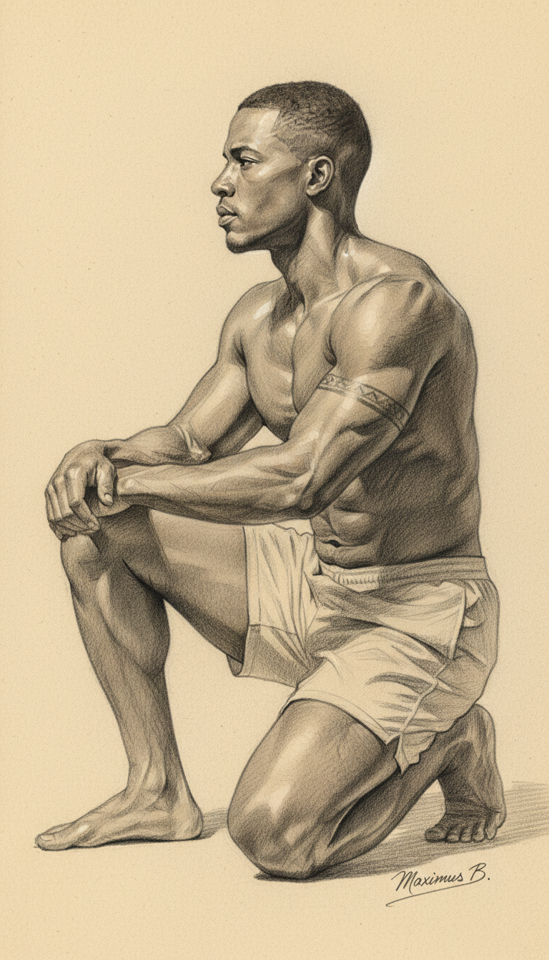 Kneeling male figure in profile — graphite pencil study by Maximus B.