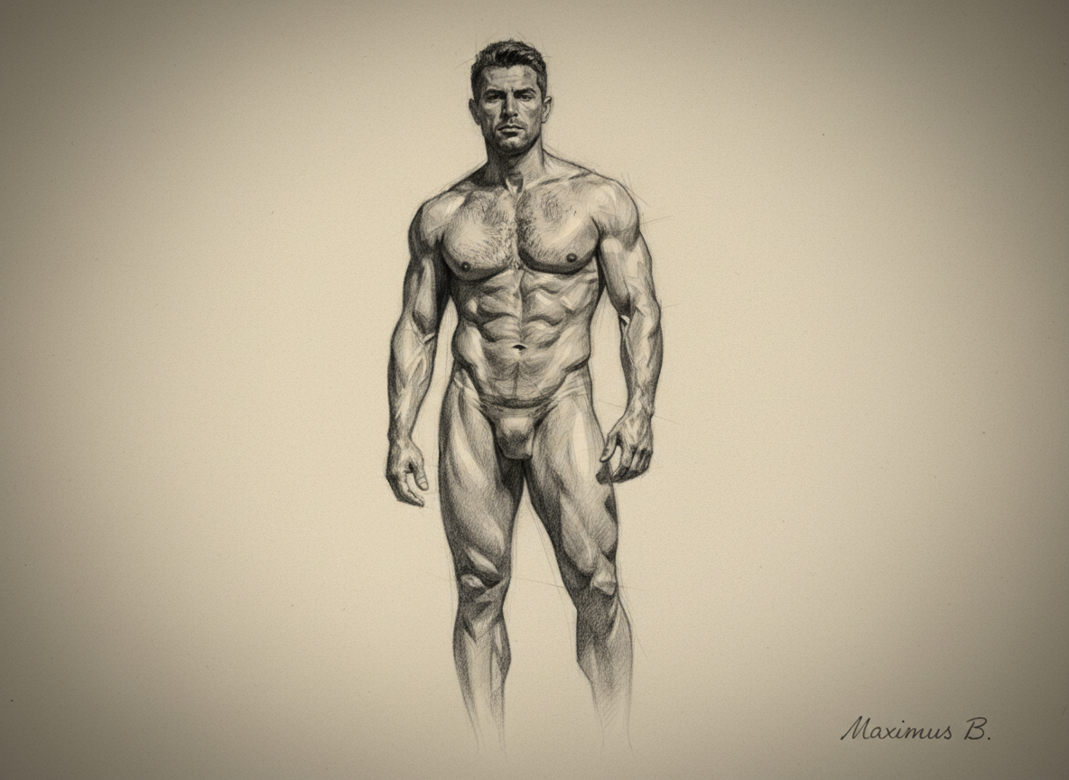 Supporting visual study B: natural asymmetry in male figure drawing — full-body graphite study with directional cross-hatching by Maximus B.