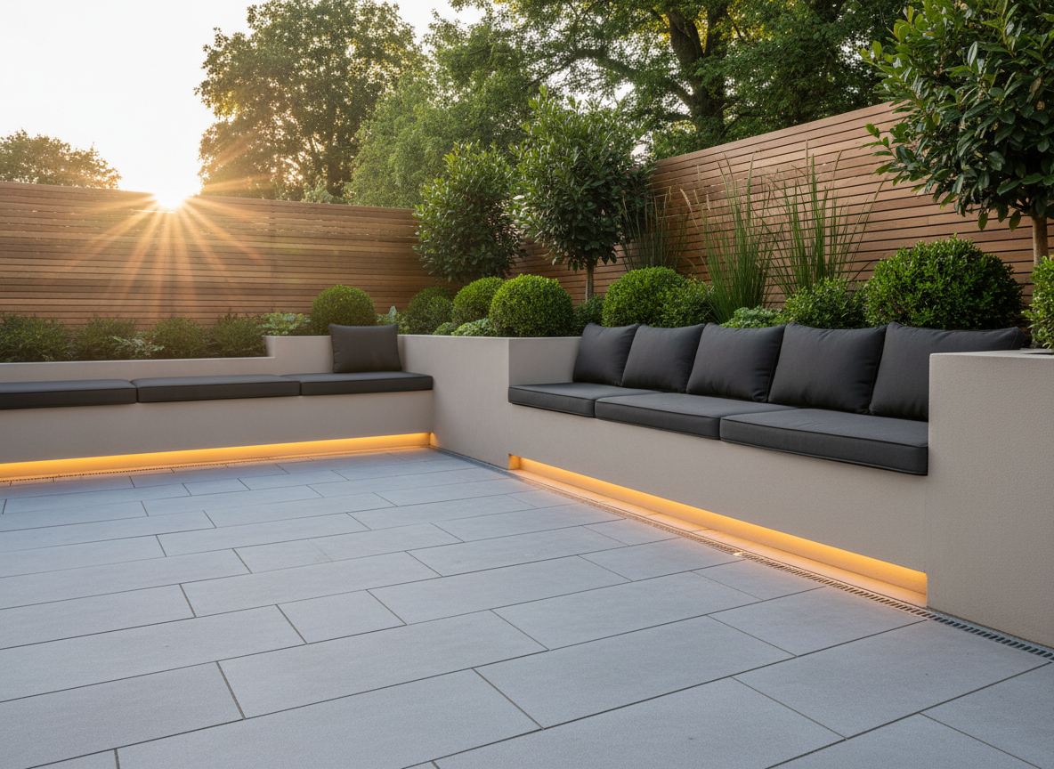 Premium patio design and installation in South East London — modern outdoor seating area with large-format porcelain paving by Wicked Gardens LTD