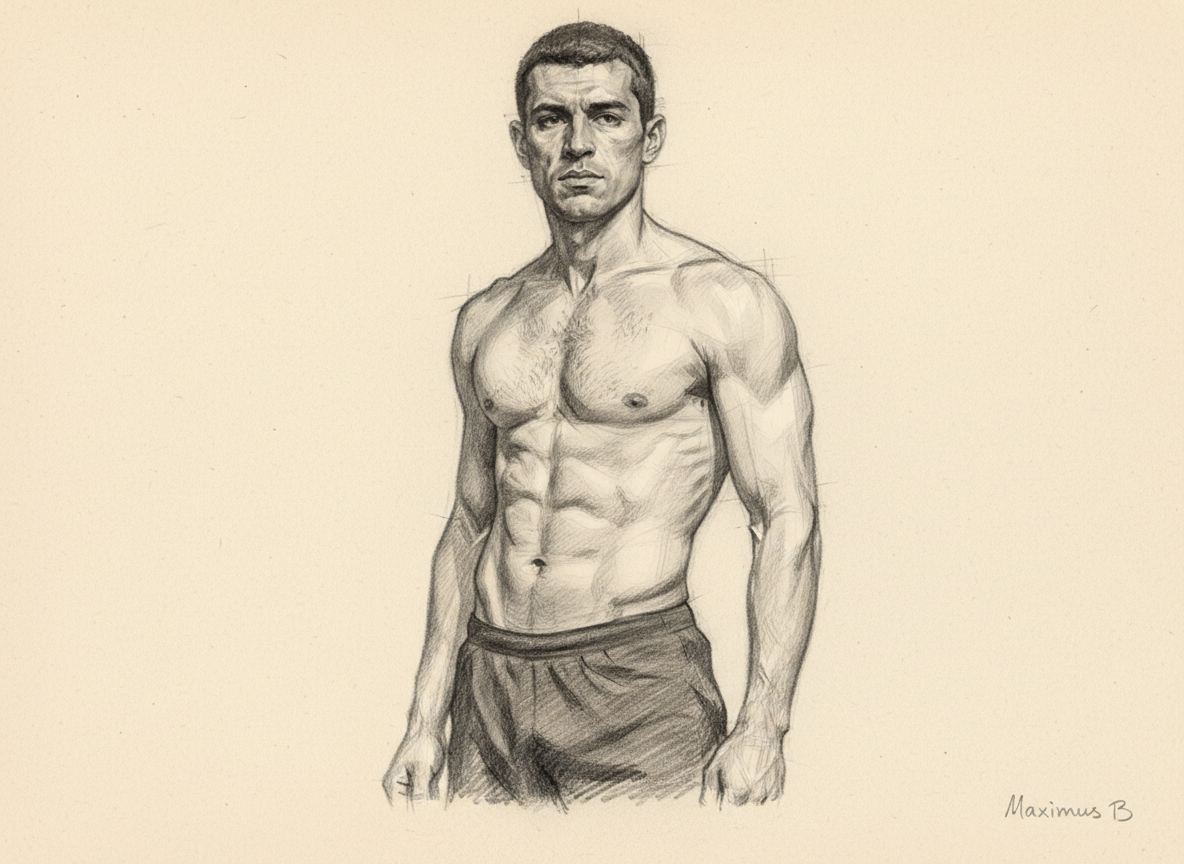Supporting visual study B: ribcage structure in male figure drawing  full-body graphite study by Maximus B.