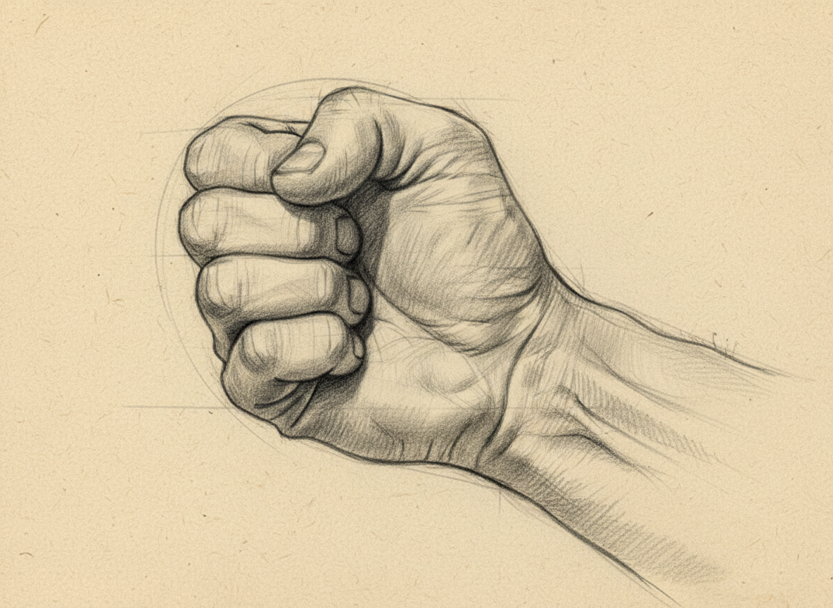 Detailed graphite pencil study of male hand grip showing palm muscles, thumb thenar eminence, and finger tendon anatomy with cross-hatching — by Maximus B.