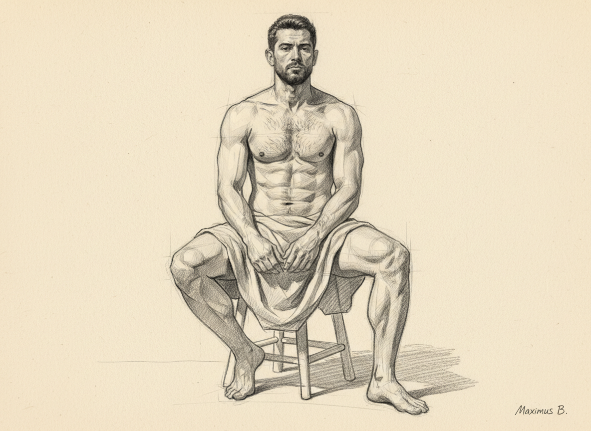 Supporting visual study B: pelvis and weight in figure drawing  full-body graphite seated weight distribution study by Maximus B.